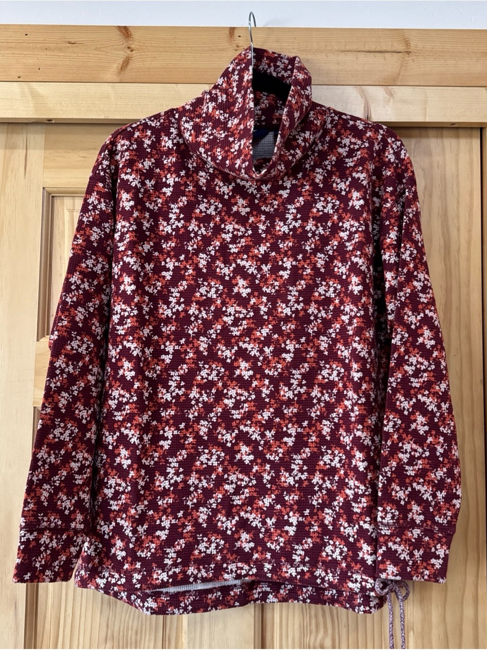 NEW Lands' End Women's Long-Sleeve Waffle Funnel Neck Top, Burgundy Print Sz M/L